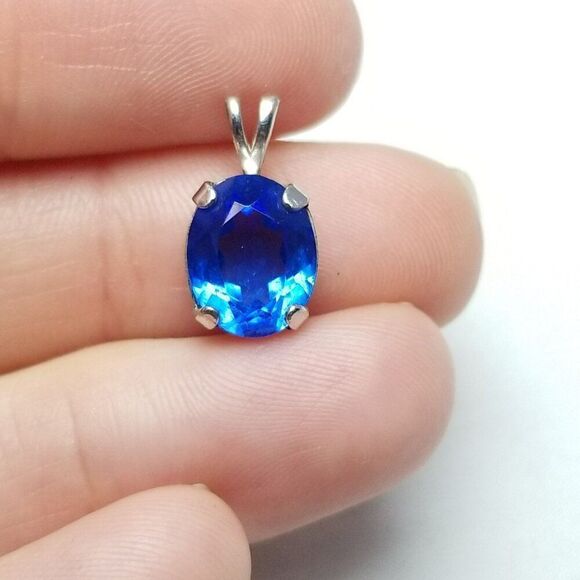 Vintage Oval Blue Rhinestone Pendant Charm, Signed, Small, Estate - Picture 2 of 7